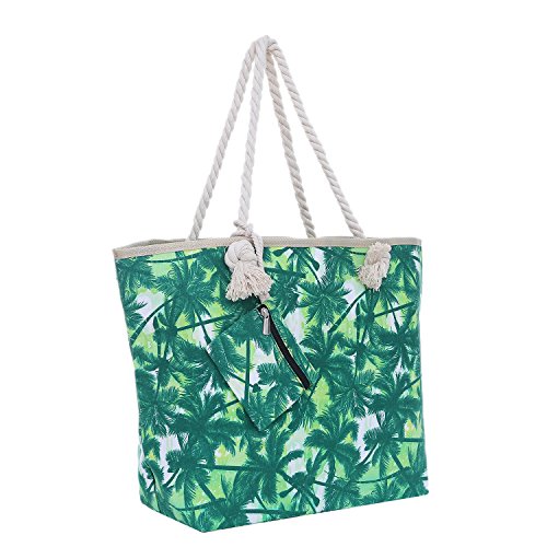 Große Strandtasche mit Reißverschluss 58 x 38 x 18 cm Palmen grün weiß Shopper Schultertasche Miami Florida Tasche