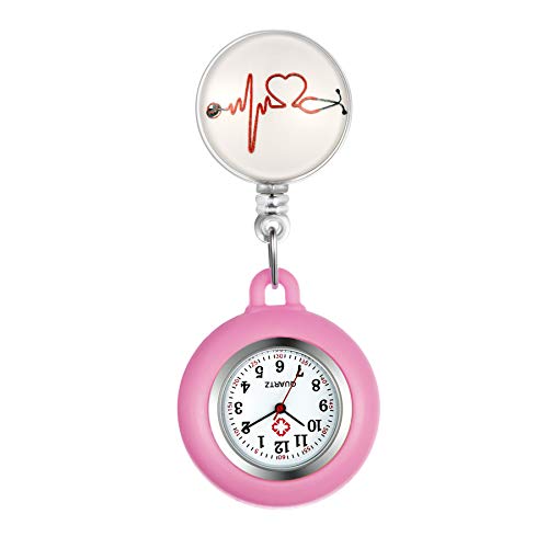 1–5 Stück einziehbare Krankenschwesteruhr zum Anklippen mit Sekundenzeiger Stethoskop Revers Taschenuhr Arzt Krankenschwester Uhr Einfache Silikonabdeckung für Damen und Herren, Pink