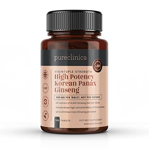 Pureclinica High Potency Korean Panax Ginseng 500mg 20:1 6 months supply 20 times stronger than competitor products and Standardised to provide 20% Korean Ginsenosides. by Pureclinica