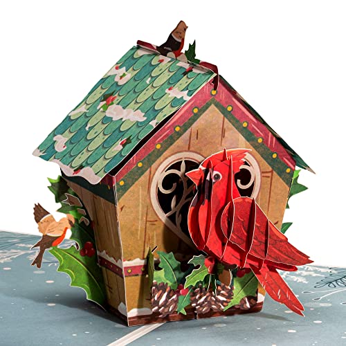 Frndly by Paper Love Pop-Up-Weihnachtskarte, Vogelhaus, handgefertigte 3D-Popup-Grußkarten für Weihnachten, 100% recycelt und umweltfreundlich, 20.3x15.2 cm Einband – mit abnehmbarem Notizanhänger
