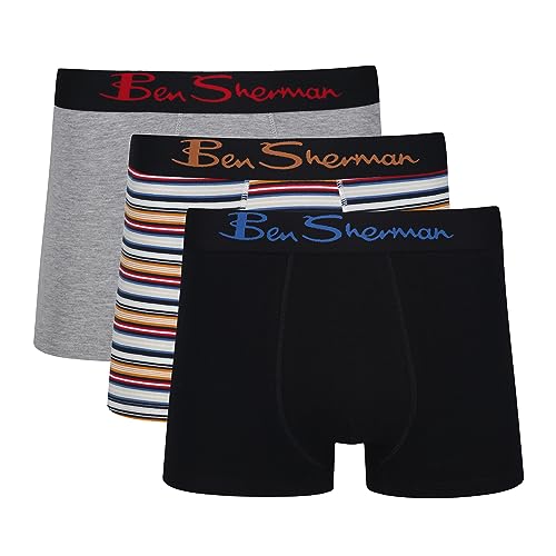 Ben Sherman Herren Men's Boxer Shorts in Black/Stripe/Grey | Soft Touch Cotton Rich Trunks with Elasticated Waistband Boxershorts, Black/Stripe/Grey,