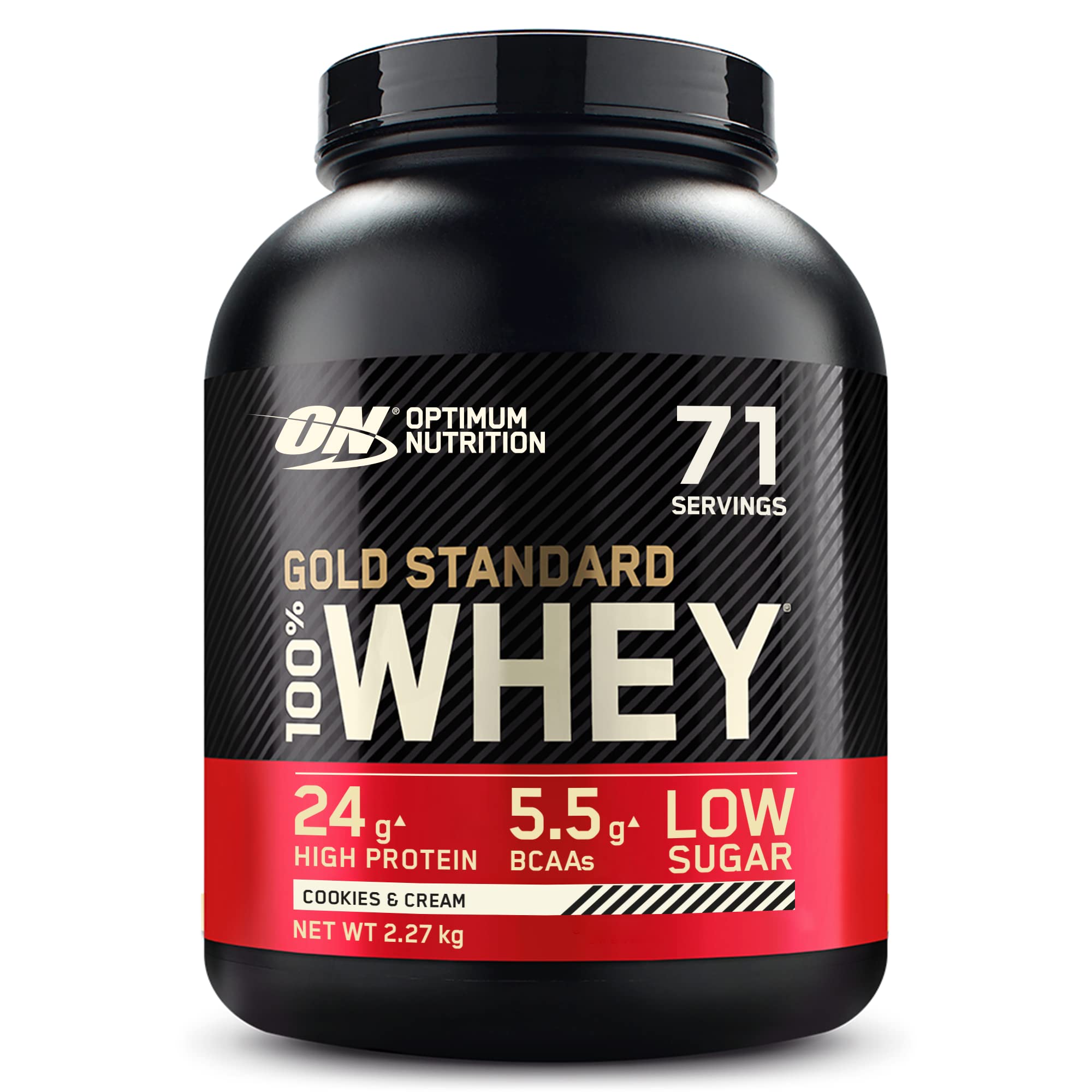 Optimum Nutrition Gold Standard 100% Molkenproteinpulver für Muskelaufbau und -regeneration mit natürlich vorkommendem Glutamin und BCAA-Aminosäuren, Cookies & Cream, 71 Portionen, 2,27 kg
