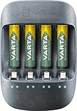 VARTA Akku Ladegerät, inkl. 4X AAA 800mAh, Batterieladegerät für wiederaufladbare AA/AAA, Eco Charger, Einzelschachtladung, Gehäuse zu 50% aus Biokunststoff