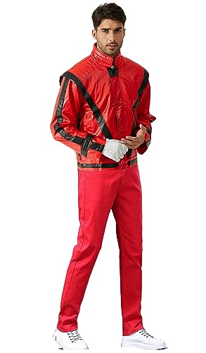 Shuanghao Michael Jacks** Halloween Cosplay Leder Thriller of Michael Jacks** Red Jacket Leder + Hosen + kostenlose Billie Jean Glove - Kleidungsset(XL: H 180-190cm，78-90KG)