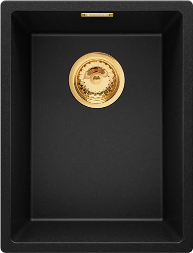 Unterbauspüle Schwarz 36 x 47 cm, Granitspüle + Siphon Klassisch Gold, Spülbecken ab 40er Unterschrank, Küchenspüle von Primagran