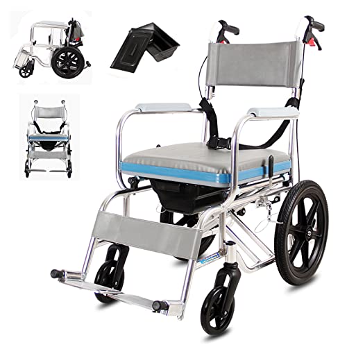 Faltbar Leicht Duschrollstuhl mit Armlehnen, Rollstuhl mit Bettpfanne, Duschstuhl für Senioren und Behinderte, Toilettenrollstuhl, Sitzbreite 45cm, Aluminium