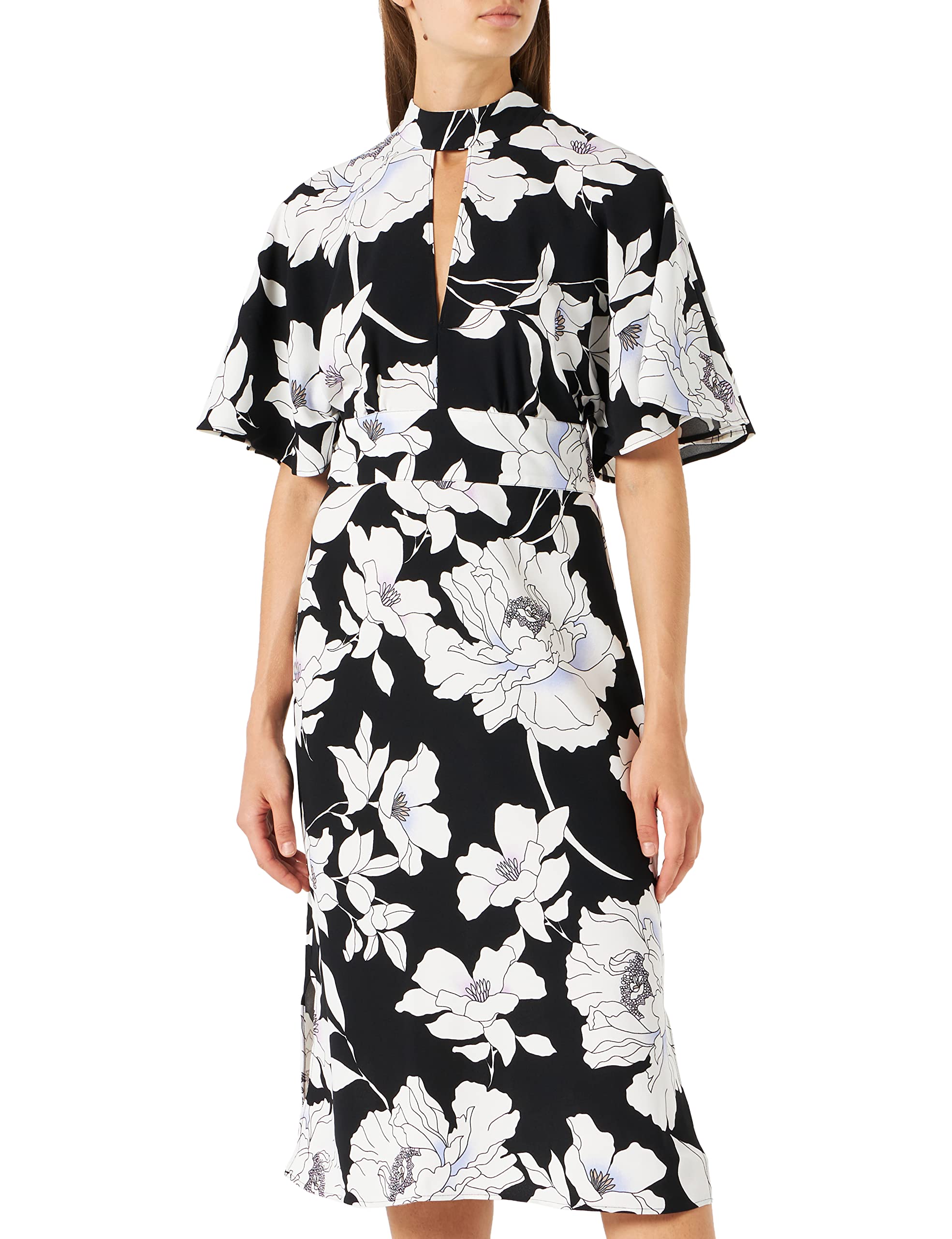 Truth & Fable Damen Midi A-Linien-Kleid, Schwarz Weiß Floral, 42