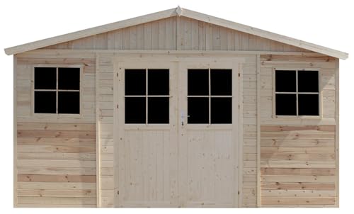 TIMBELA M332F Holz Gartenschuppen mit hochwertige abschließbare Tür - Abstellkammer mit Fenstern - H246 x 418 x 220 cm/ 8 m² Naturholz-Shiplap-Schuppen