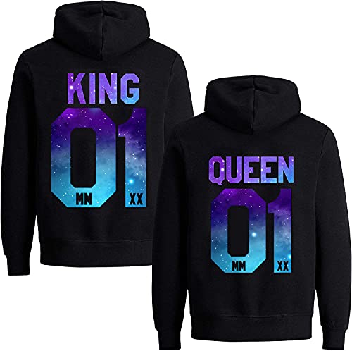 Couples Shop King Queen Hoodie Pullover Set für Paare (Herren King, Stars-Schwarz XL)