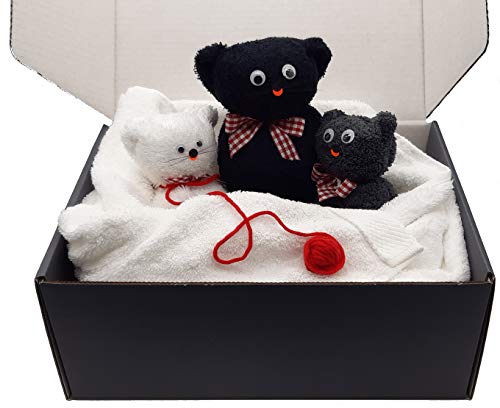 Frotteebox Geschenk Box Katzen Familie 5-teilig mit DREI Kätzchen im Nest in Handarbeit geformt aus 2X Waschhandschuh und 1x Gästetuch mit Handtuch und Duschtuch