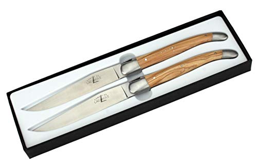 Forge de Laguiole - 2er Set französische Steakmesser - Griff Olivenholz - Edle Tafel-Messer - Stahl matt