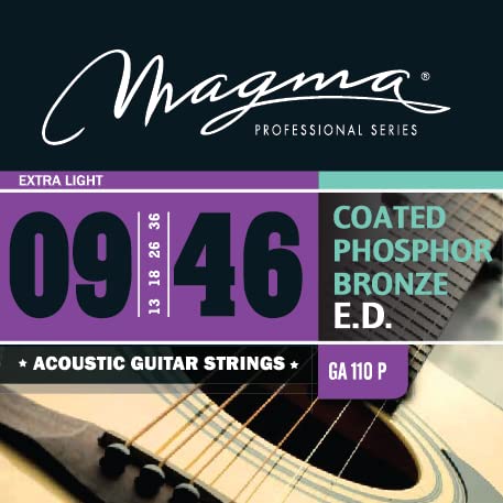 Magma GA110P Saiten für Akustikgitarre, extra leicht, 09-46 Gauge beschichtete Phosphorbronze-Saiten – 1 Saitensatz für Akustikgitarre (0,9 cm – 0,46 Zoll)