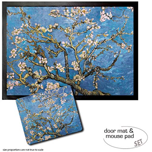 1art1 Vincent Van Gogh, Blühende Mandelbaumzweige, 1890 Fußmatte Dekomatte Innenbereich | Design Türmatte (70x50 cm) + Mauspad (23x19 cm) Geschenkset