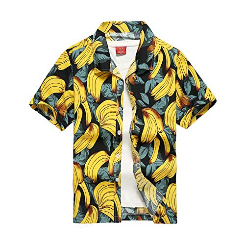 SNPP Herren Hawaii Hemd,Hawaiianische Strandhemden Für Herren, Gelbes Bananenmuster, Weiße Hemden Mit Knöpfen, Einfache Lockere Kurzarmhemden Für Den Urlaub Am Meer Und Den Alltag,XL