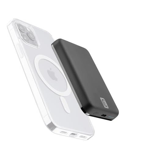 Cellularline | Wireless Powerbank MAG 5000 | Tragbares Ladegerät kompatibel mit Mag Safe Ökosystem - Kapazität 5000 mAh - 7,5 W kabelloses Aufladen - 1 x USB-C 18 W - Für iPhone 12 und höher - Schwarz