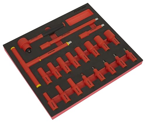 Sealey Premier TBTE02 Isoliertes Steckschlüssel-Set mit Werkzeugablage, VDE-geprüft, 0,95 cm (3/8 Zoll) Vierkantantrieb, 20 Stück