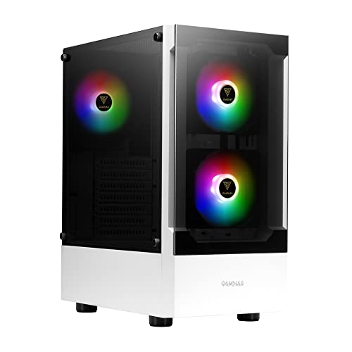 ZEUS GAMDIAS Weißes RGB-Gaming-ATX-Mid-Tower-PC-Gehäuse mit seitlicher Hartglasscheibe und magnetischem Staubfilter und 3 integrierten 120-mm-ARGB-Lüftern