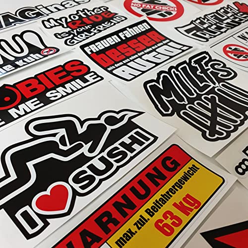 folien-zentrum 19 Auto-Aufkleber Set Sticker Decal Stickerbomb JDM Tuning Shocker I Love Shushi Vagina Milf Boobs No Fat Chicks Titten Spielzeug Warnung Spruch Schriftzüge