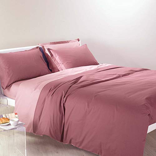 Caleffi - Bettwäsche-Set aus Bicolor, 100 % Baumwolle, einfarbig, französisches Bett und halb Rosa