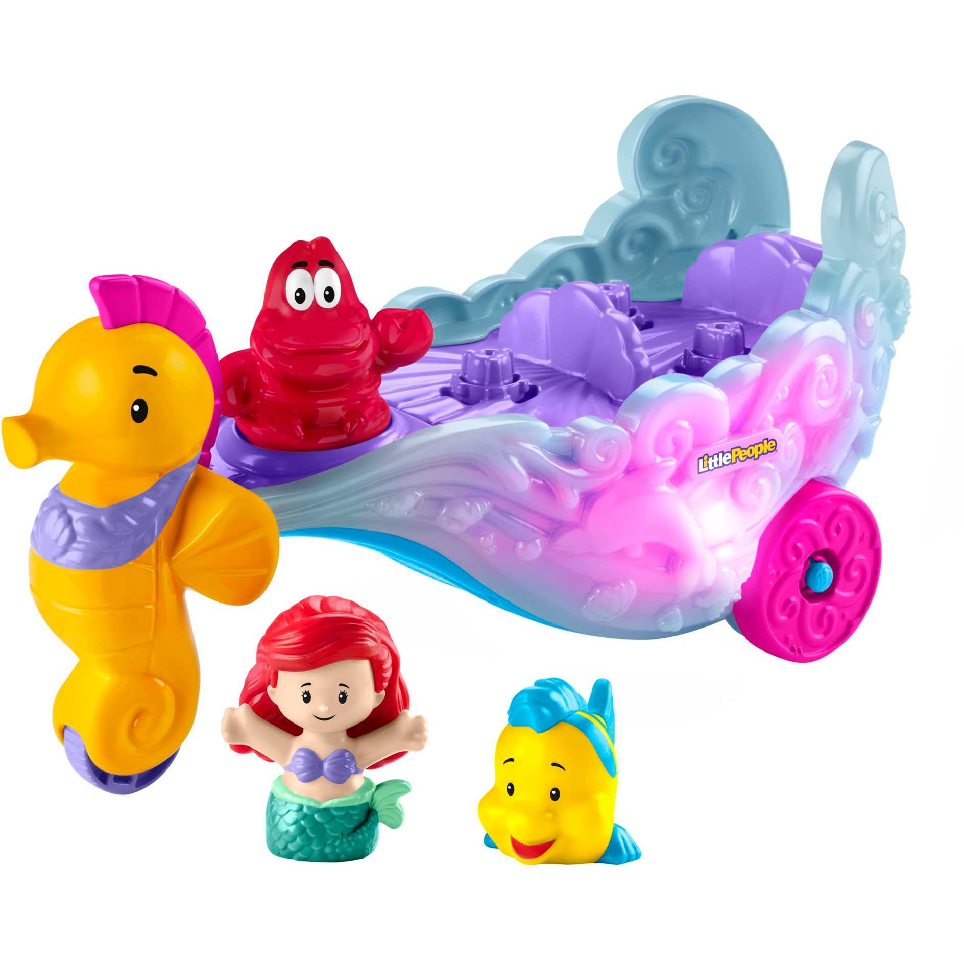 Fisher-Price Little People Kleinkinder-Spielset mit Disney Prinzessin Arielle- und Fabius-Figuren sowie Kutsche mit Musik und Lichtern - HMX83