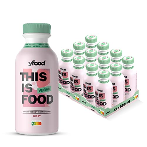 yfood Vegan | Leckere, veganeTrinkmahlzeit für unterwegs | THIS IS FOOD Drink | 26g Protein, 26 Vitamine und Mineralstoffe | 3,00€ Pfand inkl. (12 x 500ml) (Beere)