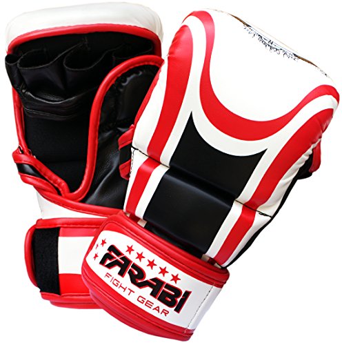 Farabi Sports Hybrid Semi Pro MMA Trainingshandschuhe 7oz Grappling Sparring Handschuhe (White/Red, L/XL)