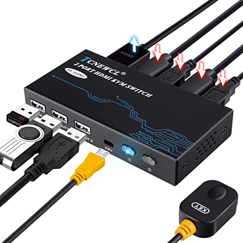 TCNEWCL KVM Switch HDMI 2 Port 4K@60Hz, USB und HDMI Switch für 2 PC 1 Monitor Aktie Tastatur, Maus, Drucker, 3 USB Geräte, HDMI 2.0 Umschalter Ultra HD, mit 2 USB Kabel und 2 HDMI Kabel