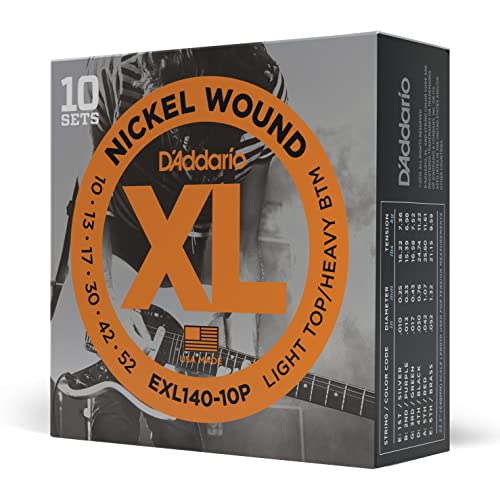 D'Addario EXL140-10P vernickelte Stahlsaiten für E-Gitarre .010 - .052 Light Top/Heavy Bottom (10er Pack) Sparpack