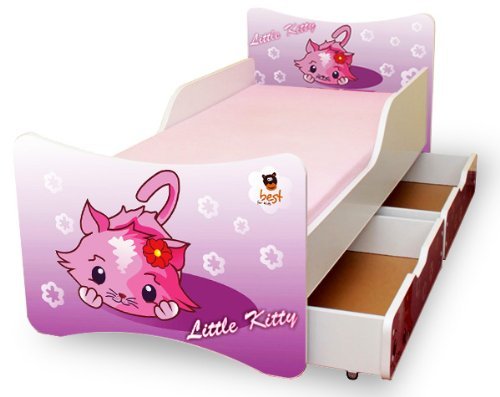 BEST FOR KIDS Kinderbett mit Schaummatratze mit TÜV Zertifiziert 90x180 MIT Zwei SCHUBLADEN 30 Designs (**Kinder**, Little Kitty)
