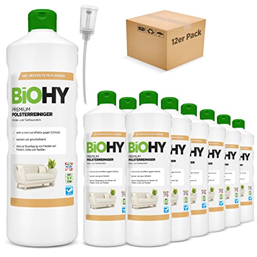 BiOHY Premium Polsterreiniger (12 x 1 Liter) + Dosierer | Bio Konzentrat für Polstermöbel, Sofas, Teppiche & Textilien | für Nasssauger & andere Geräte geeignet| geruchslösender Fleckentferner