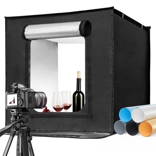 EMART Fotobox 60x60cm, Dimmbare Fotostudio Set mit 5 Produktfotokulissen und 3 Farben Licht, für Lebensmittel Schmuck Produktfotografie