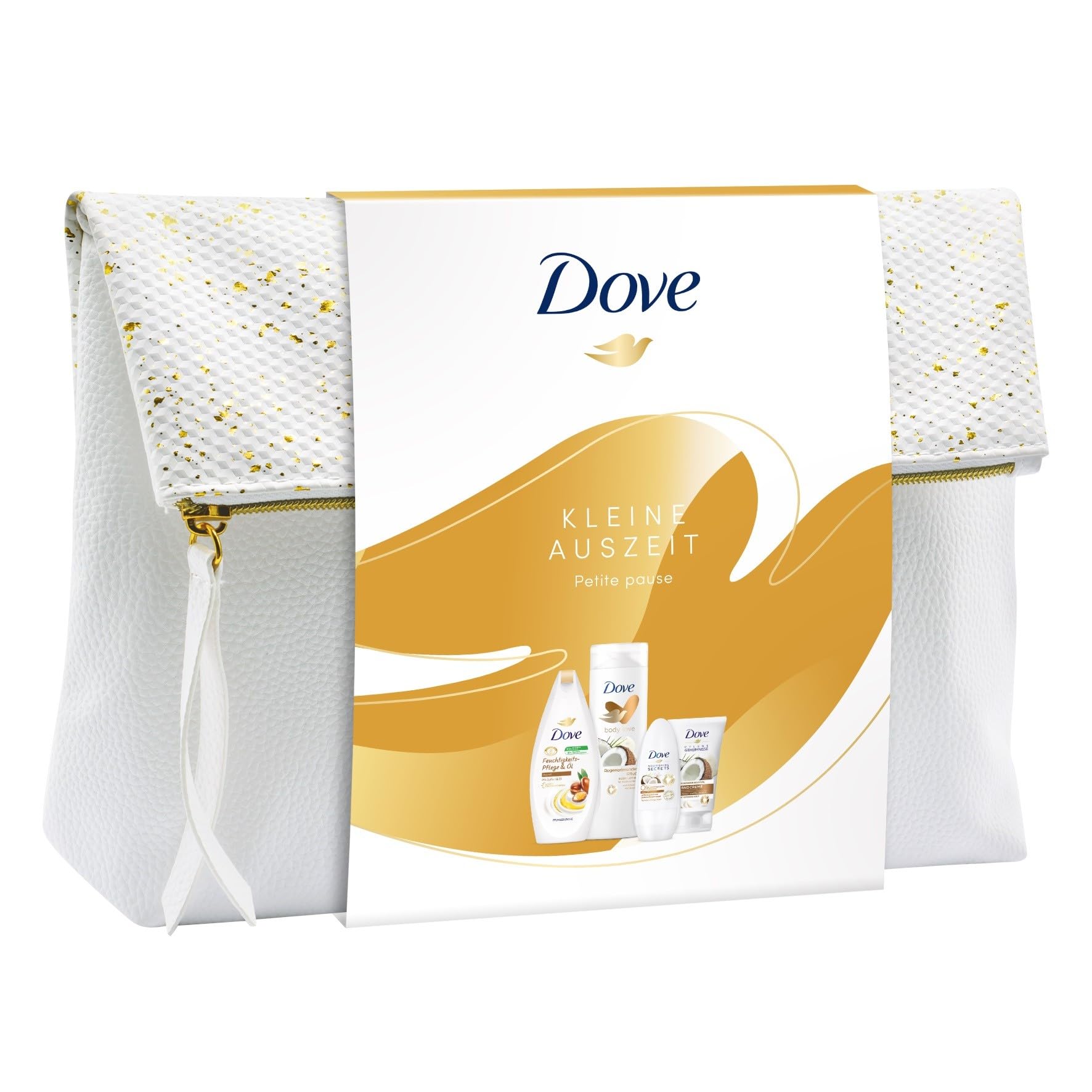 DOVE „Regenerierende Pflege“, Geschenkset für Frauen mit Kosmetiktasche, Feuchtigkeits-Pflege & Öl Dusche, Deodorant Roll-On, Body Lotion und Handcreme (1 Stück)