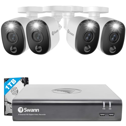Swann 4-Kanal-4-Kamera-Sicherheitssystem, kabelgebundene Überwachung, 1080p, HD, DVR, 1 TB, HDD, Audio-Aufnahme, wetterfest, Farb-Nachtsicht, Wärme- und Bewegungsmelder, Alexa + Google, SWDVK-445804WL