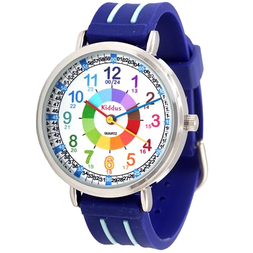 KIDDUS Lern Armbanduhr für Kinder, Jungen und Mädchen. Analoge Armbanduhr mit Zeitlernübungen, japanischen Quarzwerk, gut lesbar, um ganz leicht zu Lernen, die Uhr zu lesen