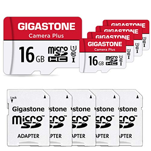 Gigastone Kamera Plus 16GB MicroSDHC Speicherkarte 5er-Pack + SD Adapter, für Action-Kamera und Drohne, Lesegeschwindigkeit bis zu 85MB/s, Full HD-Videoaufnahme, U1 Klasse 10 Micro SD Karte UHS-I