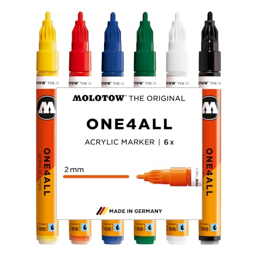 Molotow One4All 127HS Acryl Marker Basic Set 1 (2,0 mm Strichstärke, hochdeckend und permanent, schnell trocknend, nachfüllbar, für fast alle Untergründe) 6 Stück sortiert