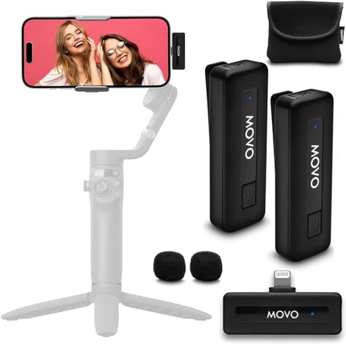 Movo Wireless Mini-Duo Ultrakompaktes Dual Mikrofon für iPhone mit Clip auf Lavalier-Mikrofon, 10 HR-Akku, 50 m Reichweite, Geräuschunterdrückung, Lightning – iPhone-Mikrofon für Videoaufnahmen