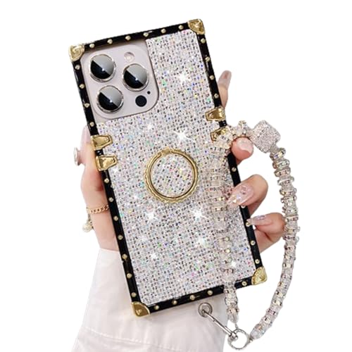 ARPHI Sparkle Crystal Bracelet for iPhone Case, 3D Diamond Pattern Phone Case, Bling Diamond Phone Case with Bracelet for iPhone (foriPhone15Pro,White)