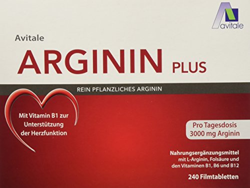 Avitale Arginin plus Tabletten mit 3000 mg rein pflanzlichem Arginin, Vitamin B1, B6, B12 und Folsäure, 240 Tabletten