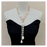 LQUBMBSG Mode-Accessoires Natürliche kultivierte weiße Keshi-Perle Rectanle Pave Goldfarbe überzogene Pullover-Ketten-Halskette 50 Zoll lange Halskette