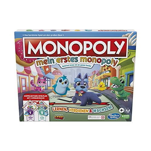 Monopoly Mein erstes Monopoly, Brettspiel Kinder ab 4 Jahren, lustiges Familienspiel, doppelseitiger Spielplan, 2 Spielniveaus, Spielerisches Lernen Kinder