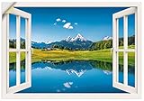 ARTland Wandbild selbstklebend Vinylfolie 70x50 cm Wanddeko Wandtattoo Fensterblick Fenster See Landschaft Berge Alpen Bergsee Natur T4RC