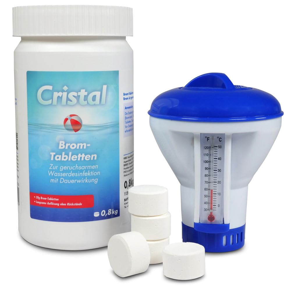 Cristal Bromtabletten (20g) + Dosierschwimmer | Geruchsarme und zuverlässige Wasserdesinfektion mit Dauerwirkung | Alternative zu Chlor | Langsam löslich rückstandsfrei | Wirksam wie Chlor