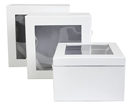 Emartbuy Set mit 3 starren Luxus-Geschenkboxen, quadratisch, weißer Druck mit transparenter Oberseite, doppellagige Innenseite und weißen und goldenen Satinband-Griffen
