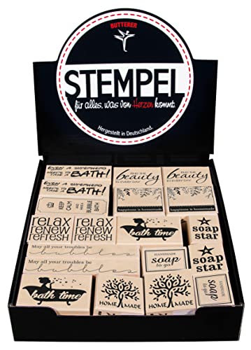 Rayher Display Stempel Wellness/Beauty, 10 Stempelmotive zum Thema Wohlfühlen, 9x pro Motiv 2 Stempel, 1 Motiv 1 Stempel, gesamt 19 Stück, Holzstempel, verschiedene Größen, 29057000