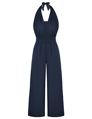 Belle Poque Damen Jumpsuit Elegant Rückenfrei V-Ausschnitt High Waist Hosenanzug Party Strand Navy Blau S
