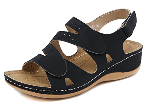 SMajong Orthopädische Sandalen Damen Peep Toe Sandalette Frauen Weiche Ultraleicht Sommer Sandale Mode Vintage Plateausandalen,Schwarz 38 EU