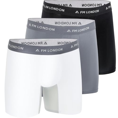 FM London (3er-Pack) Herren Bambus-Boxershorts mit Anti-Scheuer-Einsätzen – weiche Boxershorts mit langen Beinen und Beutel – feuchtigkeitsableitende, etikettenfreie, atmungsaktive Unterwäsche
