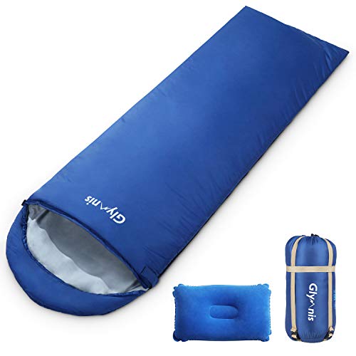 Glymnis Schlafsack Deckenschlafsack Ultraleicht klein warm Sommerschlafsack 210x75 cm für Outdoor Camping Kapuze Wandern mit aufblasbarem Kopfkissen und Kompressionsbeutel (Blau)