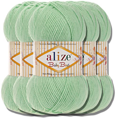 Alize 5x 100g Baby Best Türkische Premium Wolle aus Baumwolle und Acryl Uni Handstrickgarne | Yarn | Garn | Strickgarn Babywolle Einfarbig Baby zum Häkeln Stricken Schals (Green | 41)
